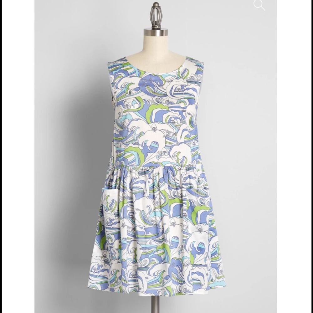 NWT ModCloth Gathering Wildflowers Waves and Sharks Smock Dress - Picture 3 of 4